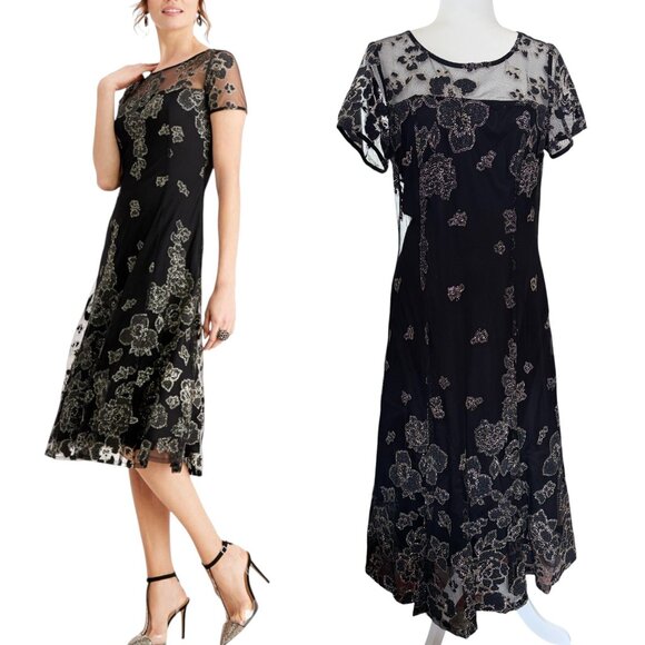 SL Fashions Dresses & Skirts - Women's Sequin Fit and Flare A-Line Midi Dress Glitter Black Gold Size 10